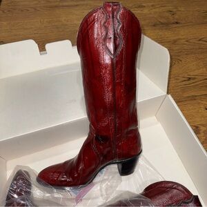 Justin Ladies Eel Skin Boots Cowboy Wine Red 8.5 Narrow Vintage EXCELLENT